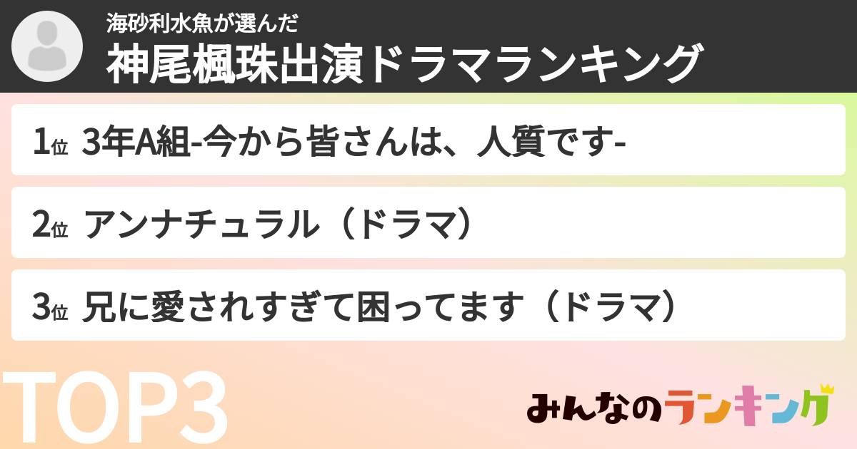 海砂利水魚さんの「神尾楓珠出演ドラマランキング」