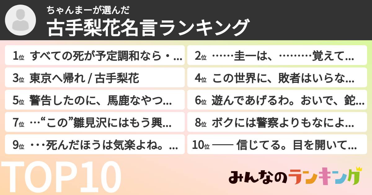 ちゃんまーさんの「古手梨花名言ランキング」