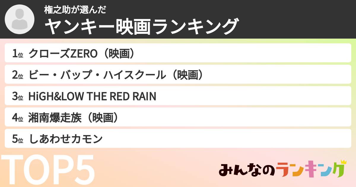 権之助さんの「ヤンキー映画ランキング」