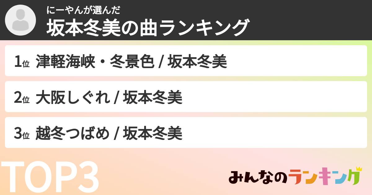 にーやんさんの「坂本冬美の曲ランキング」