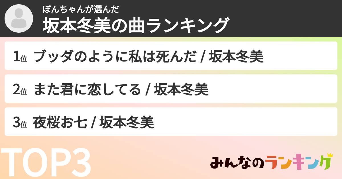 ぼんちゃんさんの「坂本冬美の曲ランキング」