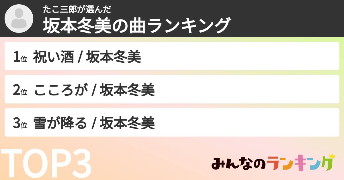 たこ三郎さんの「坂本冬美の曲ランキング」