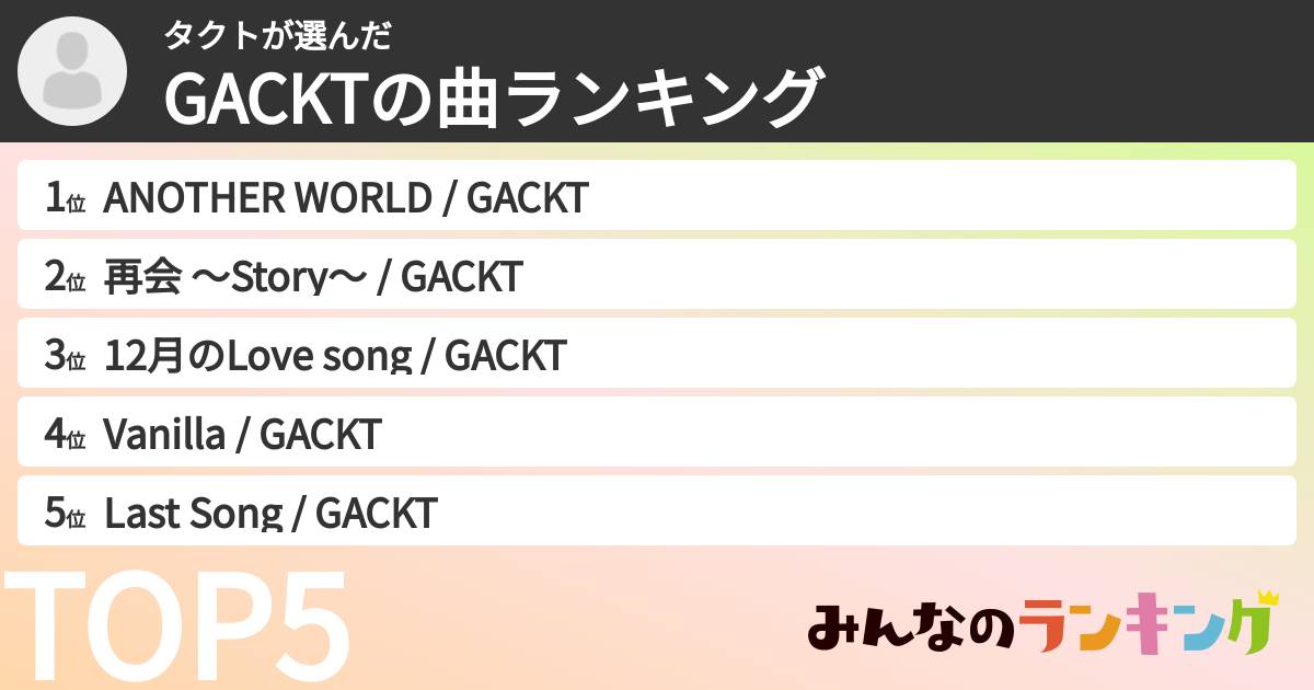 タクトさんの「GACKTの曲ランキング」