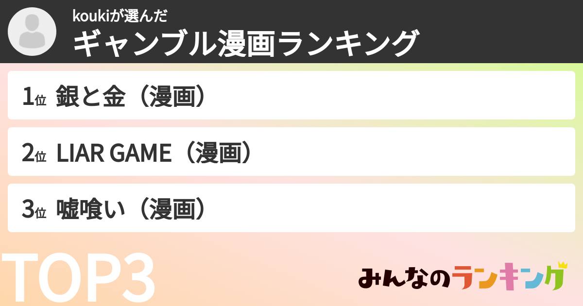 koukiさんの「ギャンブル漫画ランキング」