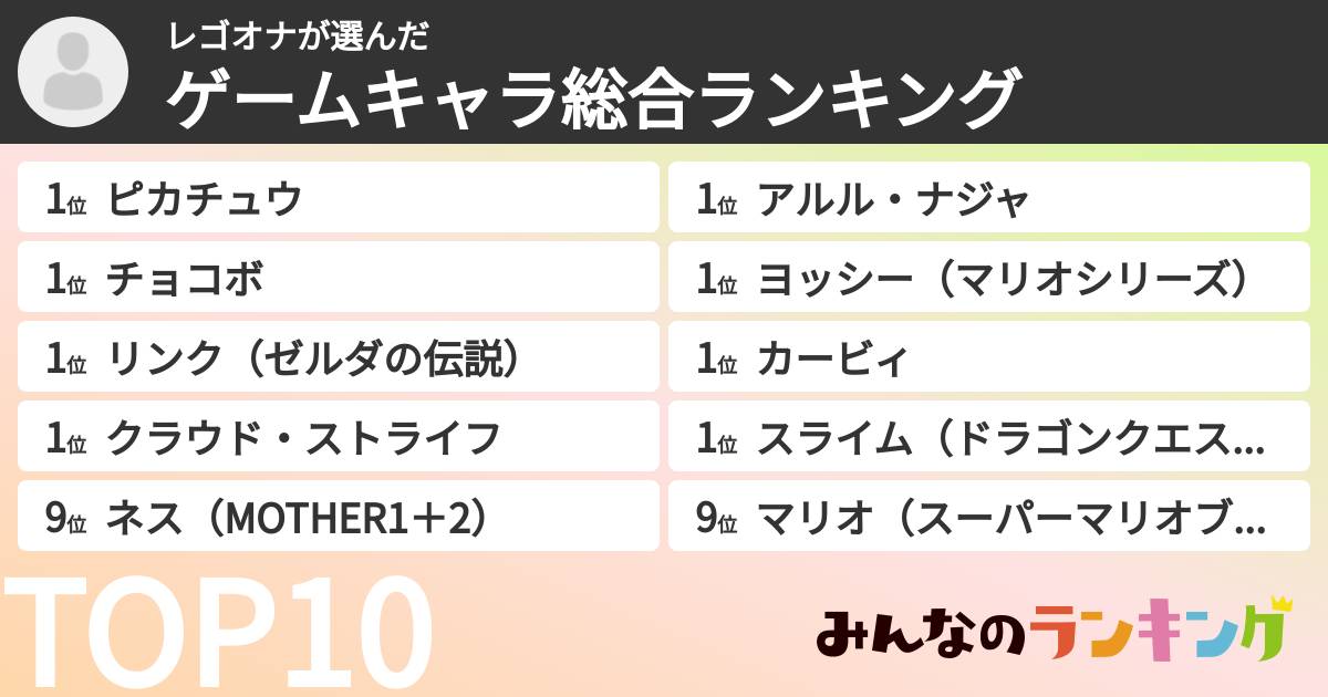レゴオナさんの「ゲームキャラ総合ランキング」