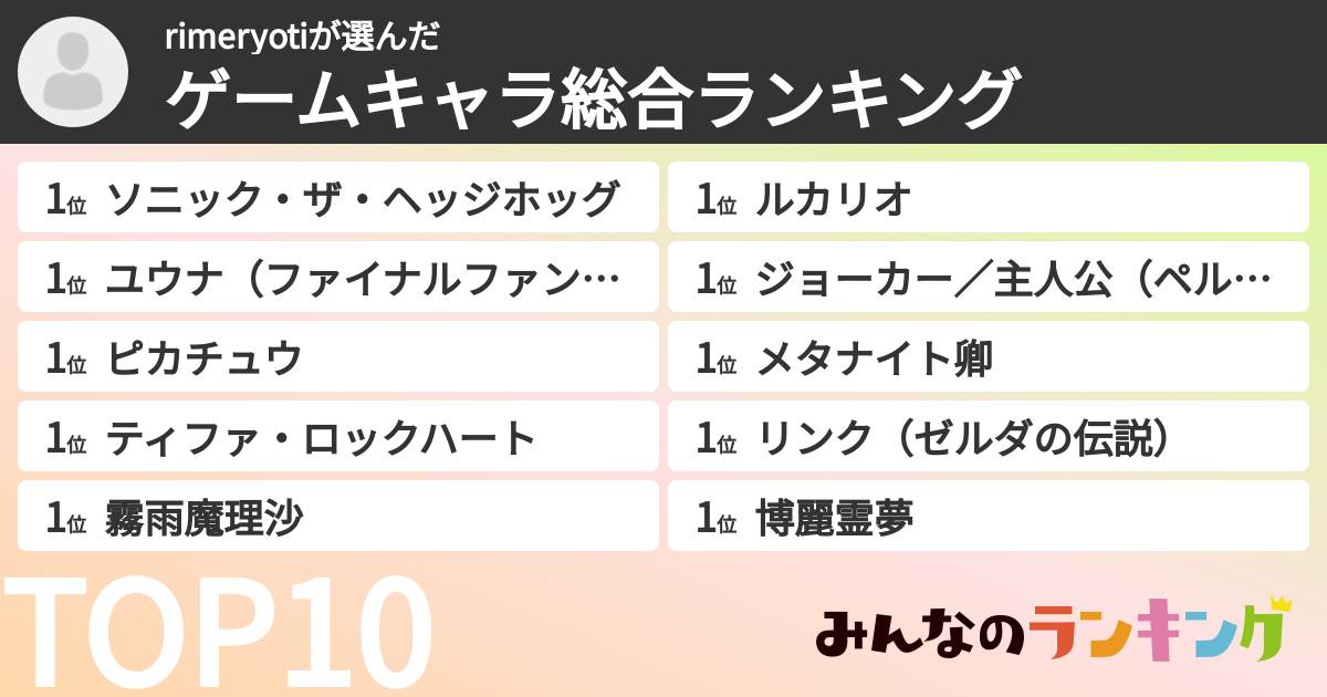 rimeryotiさんの「ゲームキャラ総合ランキング」