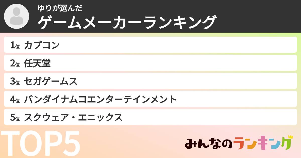 ゆりさんの「ゲームメーカーランキング」