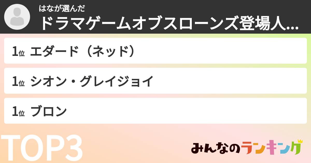 はなさんの「ドラマゲームオブスローンズ登場人物ランキング」