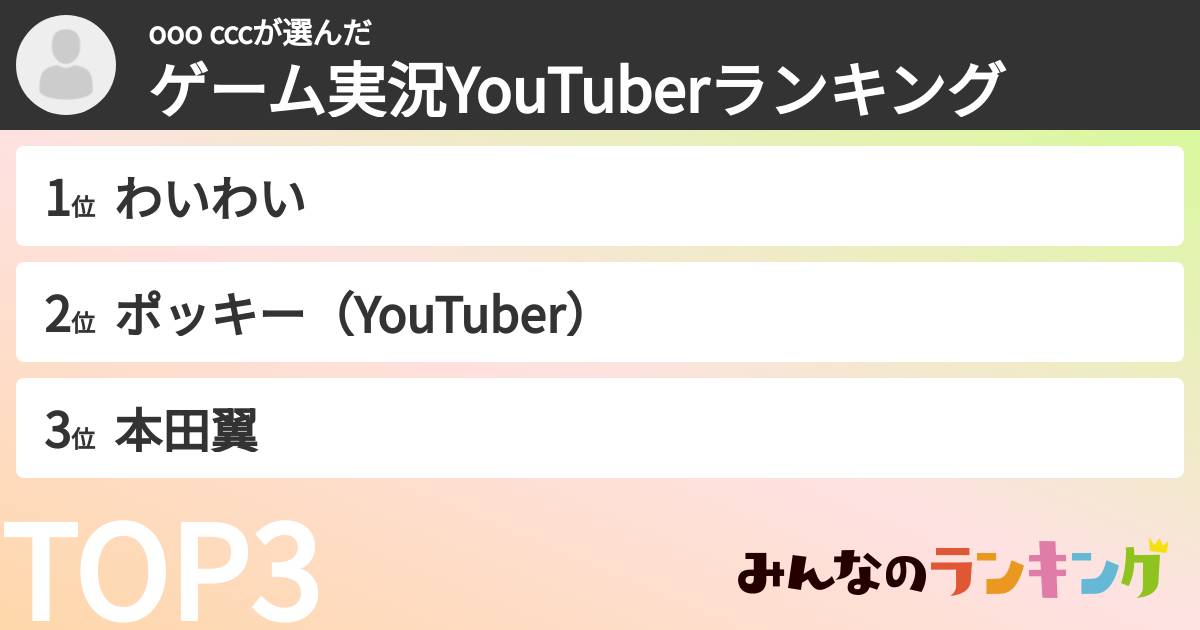 ooo cccさんの「ゲーム実況YouTuberランキング」