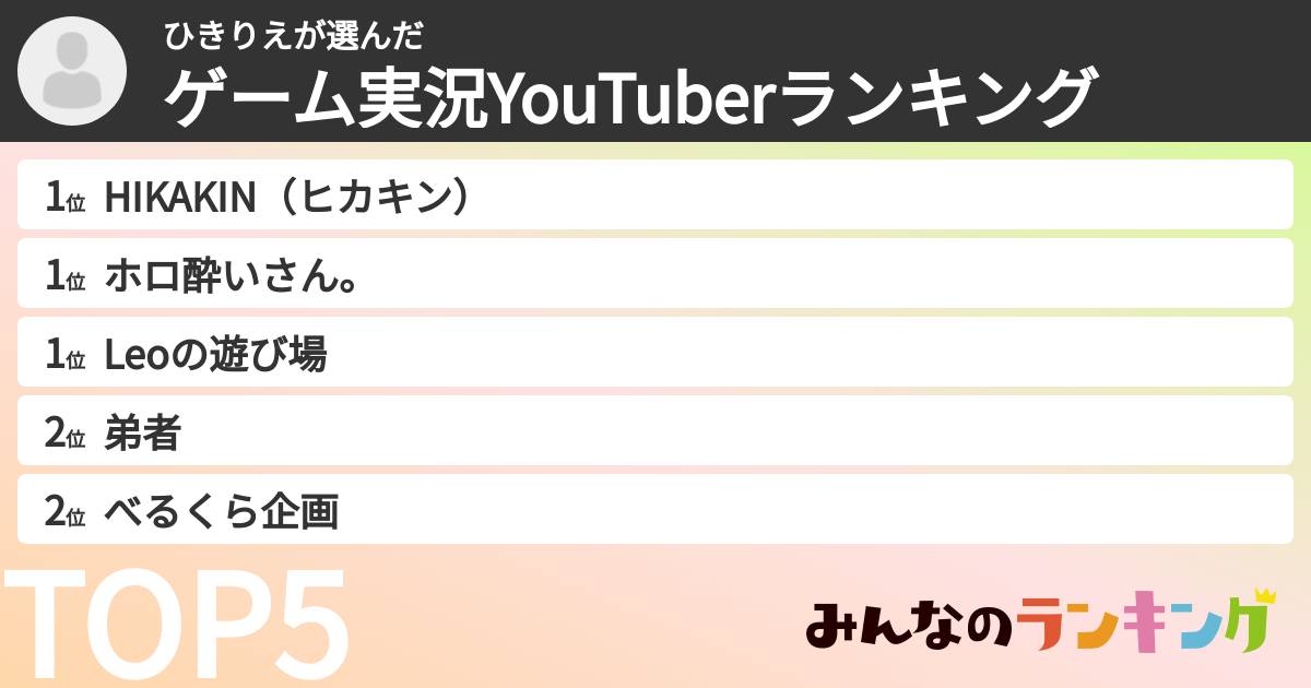 ひきりえさんの「ゲーム実況YouTuberランキング」