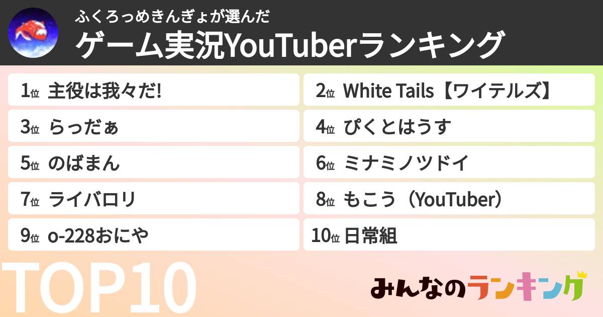 ふくろっめきんぎょさんの「ゲーム実況YouTuberランキング」