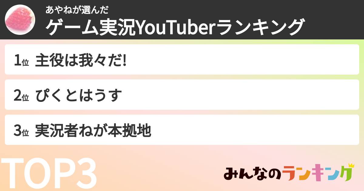 あやねさんの「ゲーム実況YouTuberランキング」