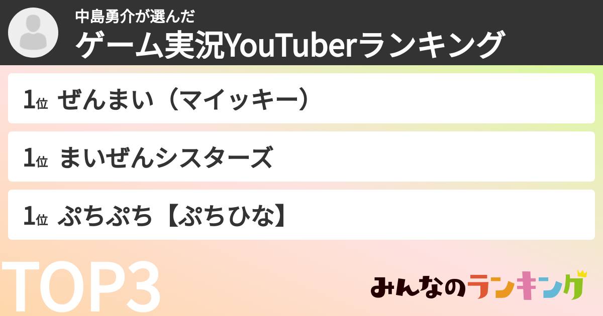 中島勇介さんの「ゲーム実況YouTuberランキング」
