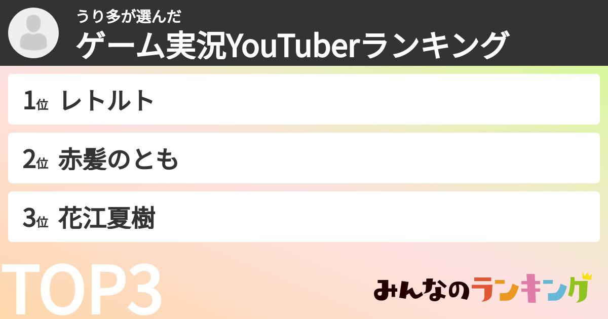 うり多さんの「ゲーム実況YouTuberランキング」