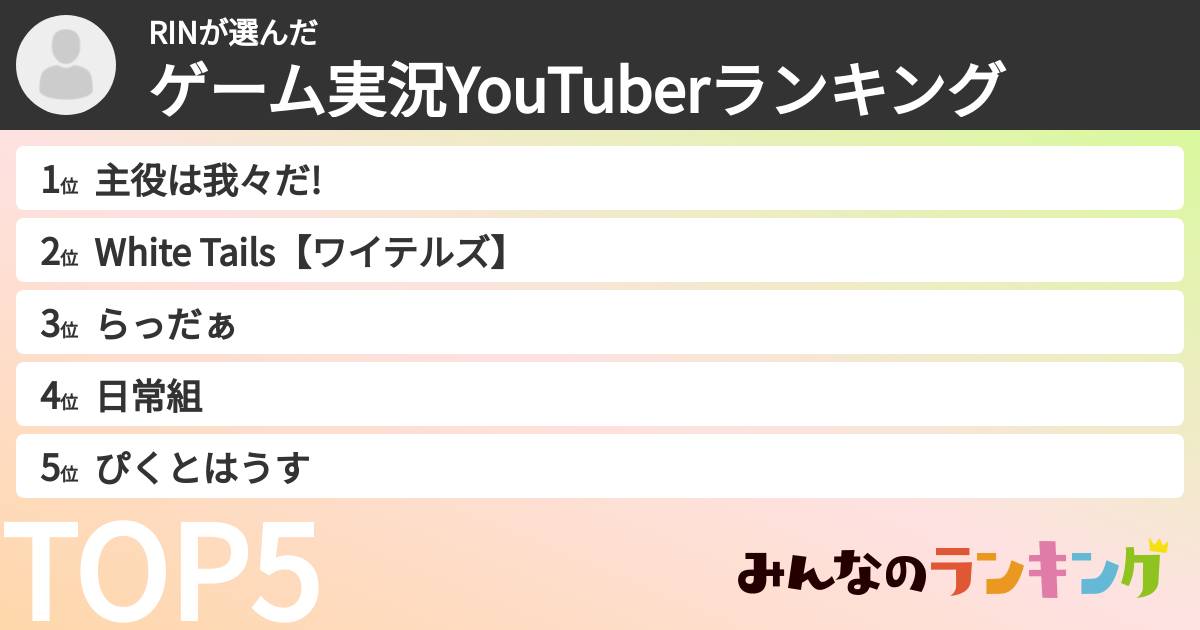 RINさんの「ゲーム実況YouTuberランキング」