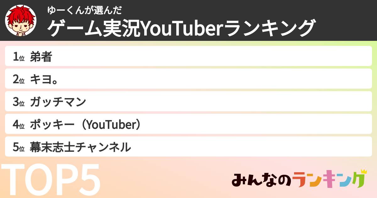 ゆーくんさんの「ゲーム実況YouTuberランキング」