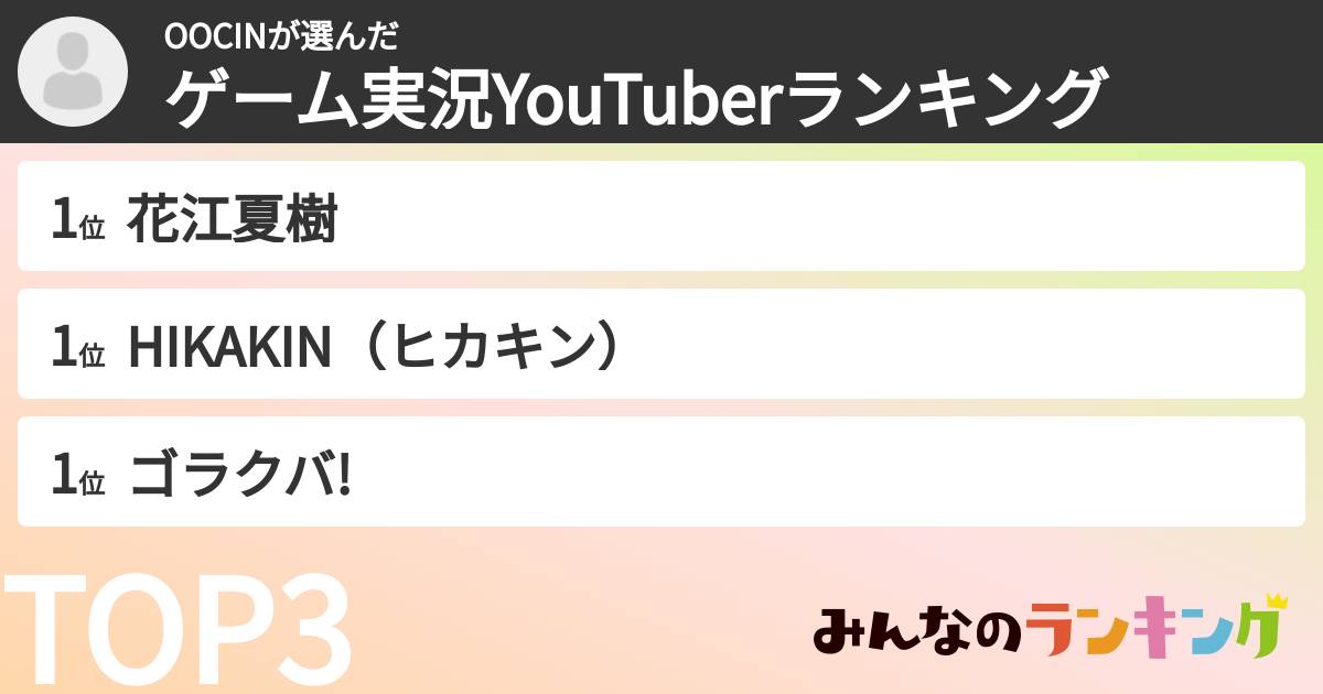 OOCINさんの「ゲーム実況YouTuberランキング」