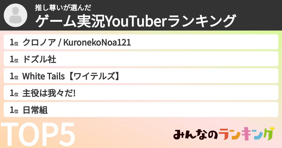 推し尊いさんの「ゲーム実況YouTuberランキング」