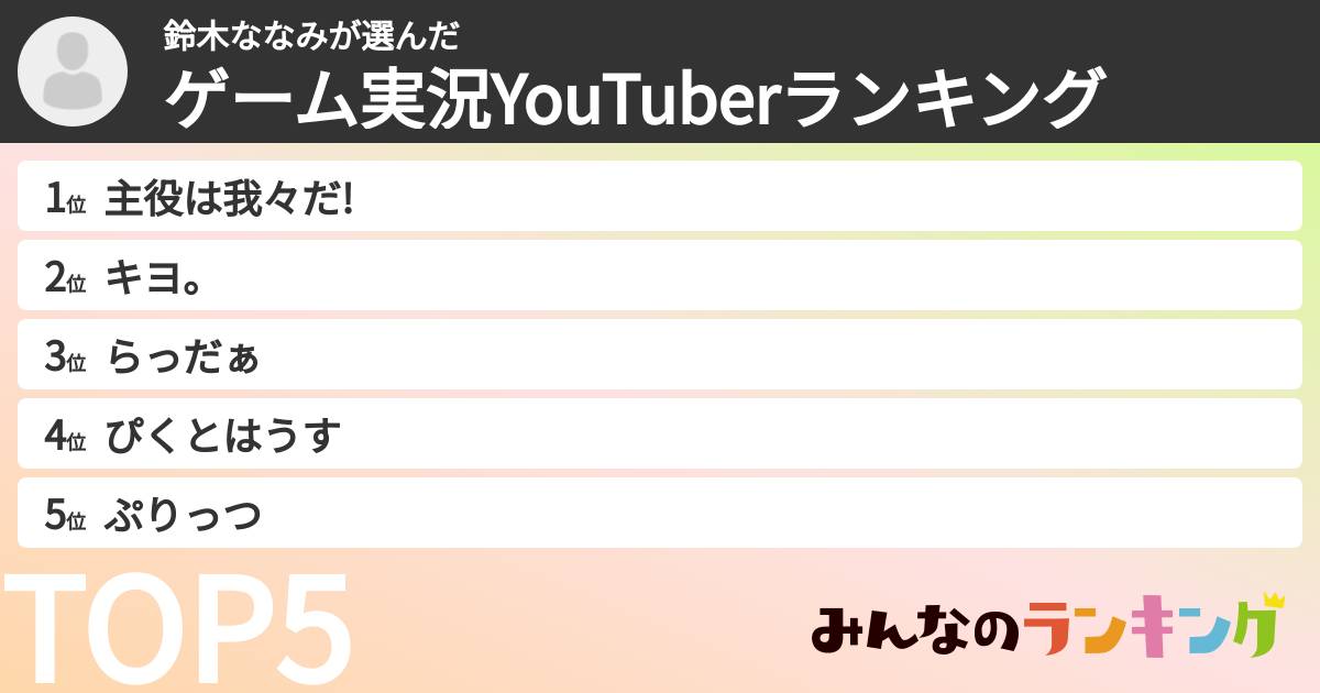 鈴木ななみさんの「ゲーム実況YouTuberランキング」