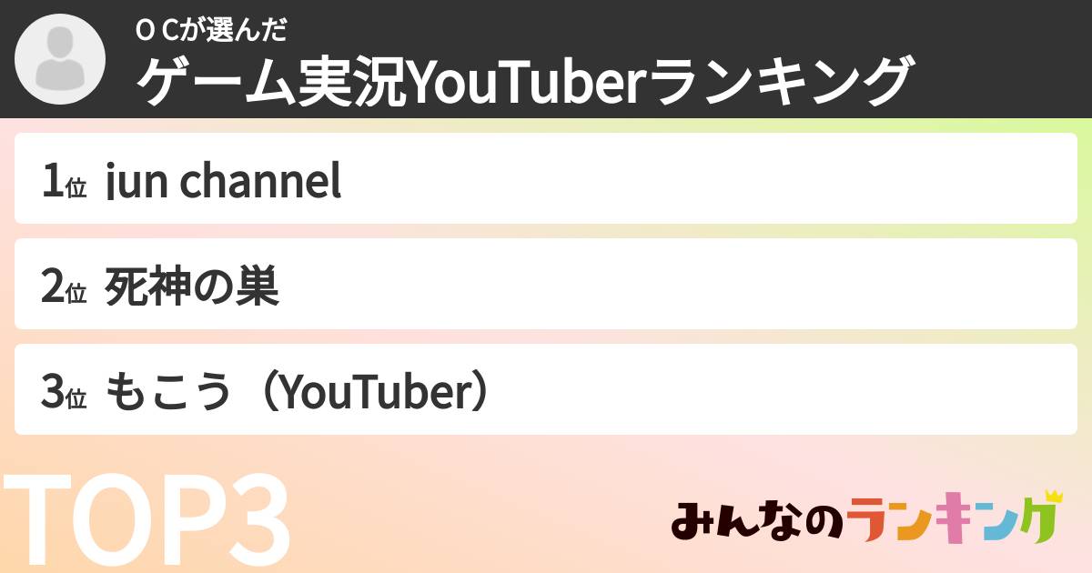 O Cさんの「ゲーム実況YouTuberランキング」