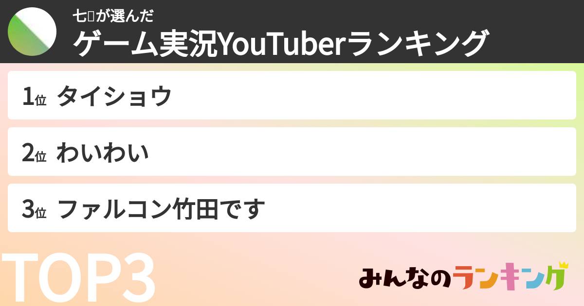 七Ⅳさんの「ゲーム実況YouTuberランキング」