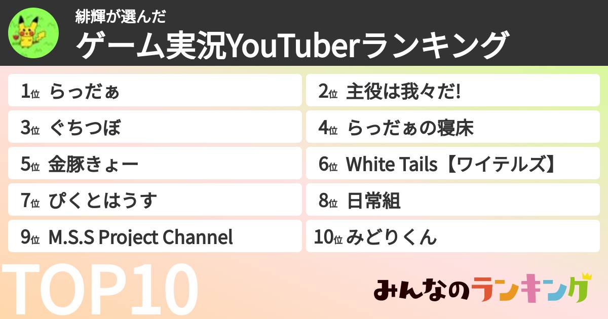緋輝さんの「ゲーム実況YouTuberランキング」