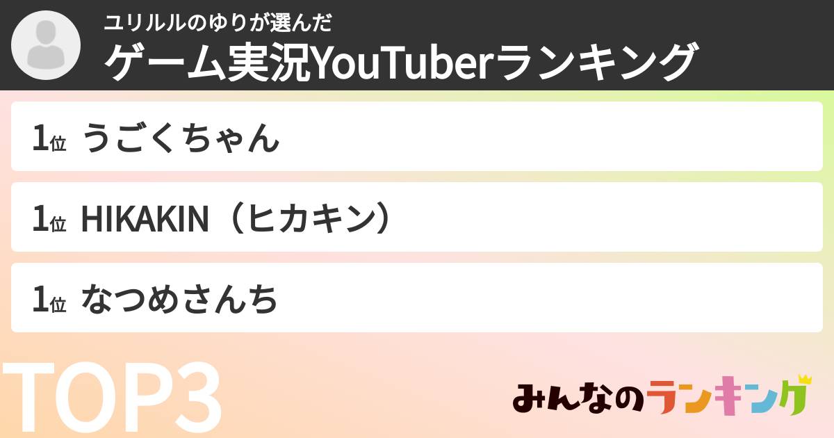 ユリルルのゆりさんの「ゲーム実況YouTuberランキング」