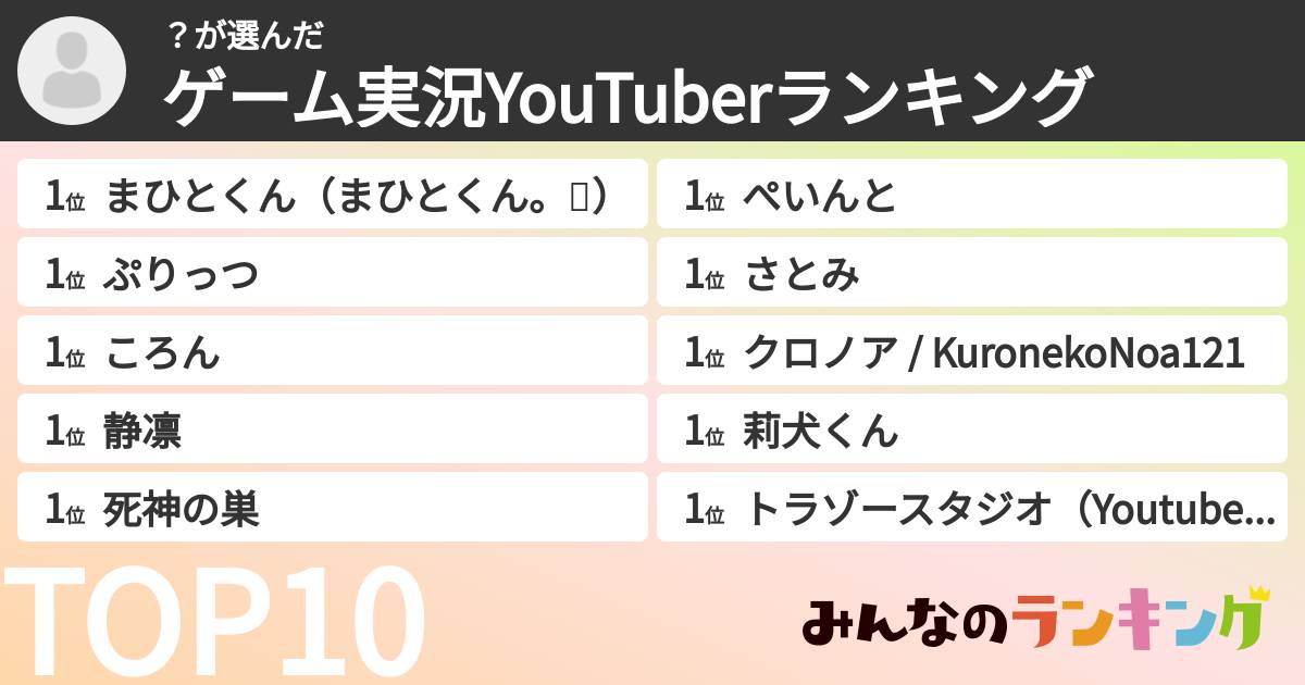 ？さんの「ゲーム実況YouTuberランキング」