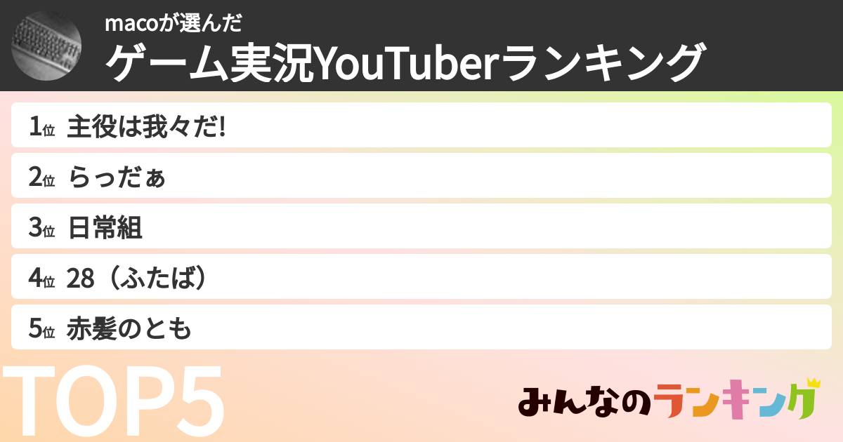 macoさんの「ゲーム実況YouTuberランキング」