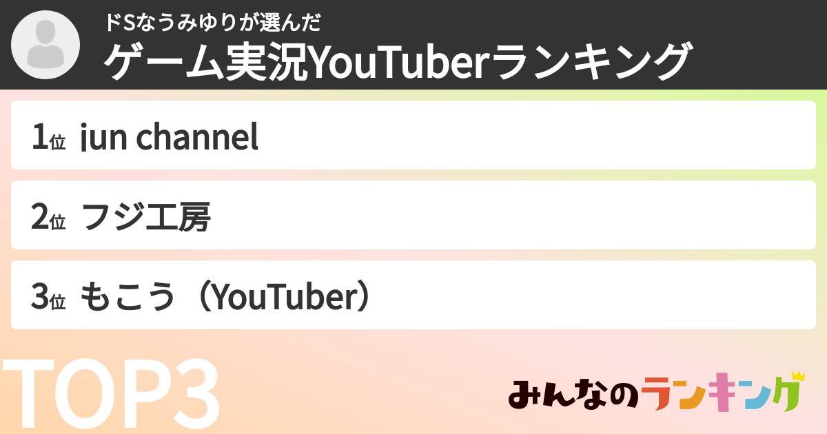 ドSなうみゆりさんの「ゲーム実況YouTuberランキング」