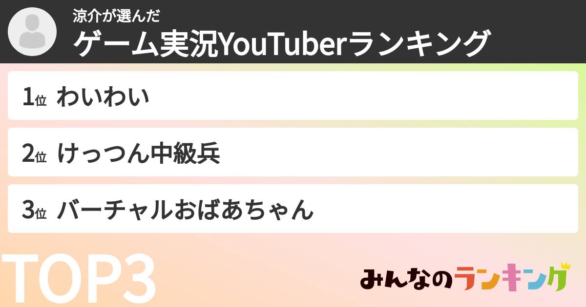 涼介さんの「ゲーム実況YouTuberランキング」