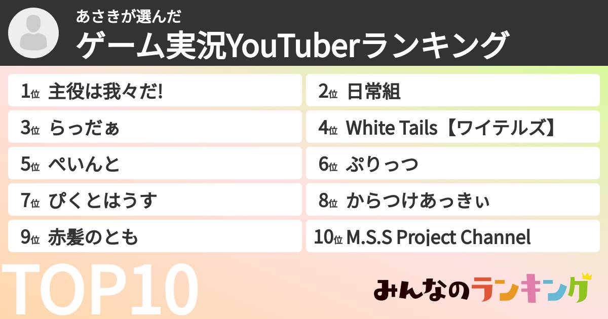 あさきさんの「ゲーム実況YouTuberランキング」