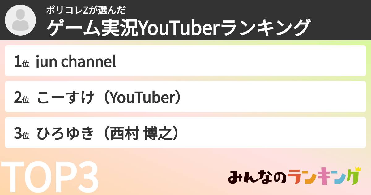 ポリコレZさんの「ゲーム実況YouTuberランキング」