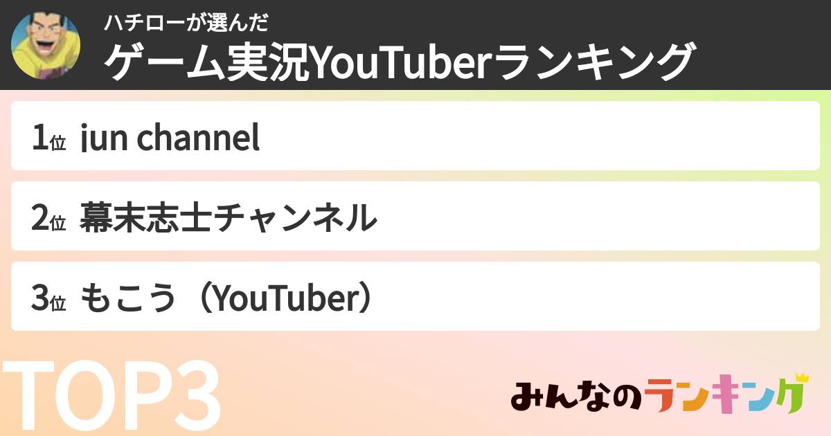 ハチローさんの「ゲーム実況YouTuberランキング」