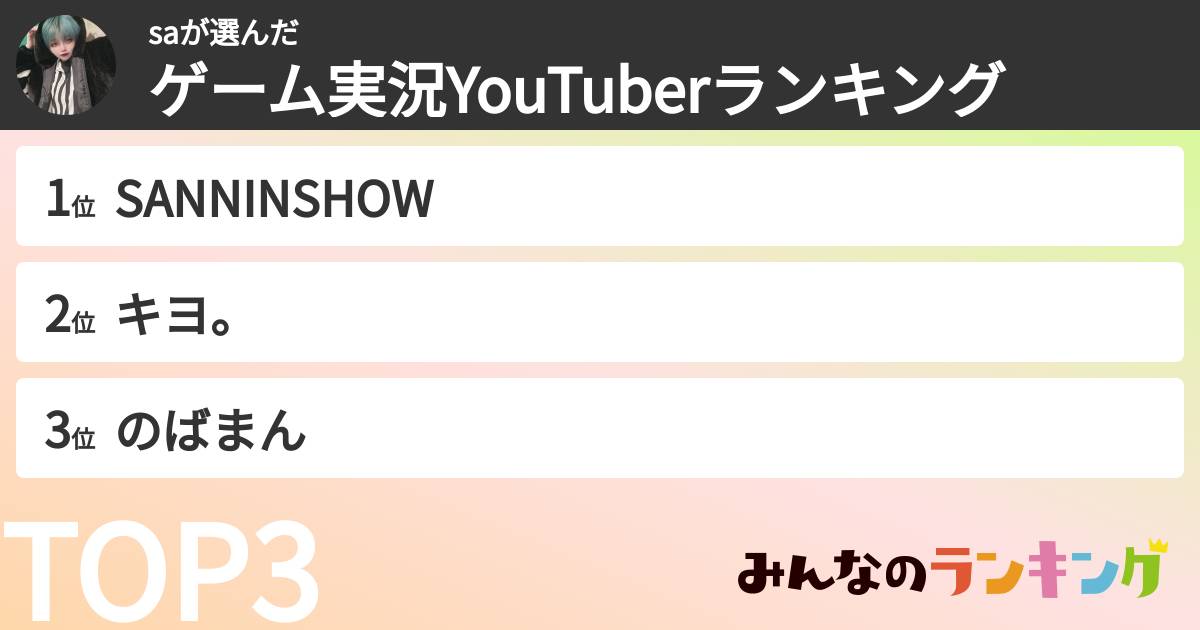 saさんの「ゲーム実況YouTuberランキング」