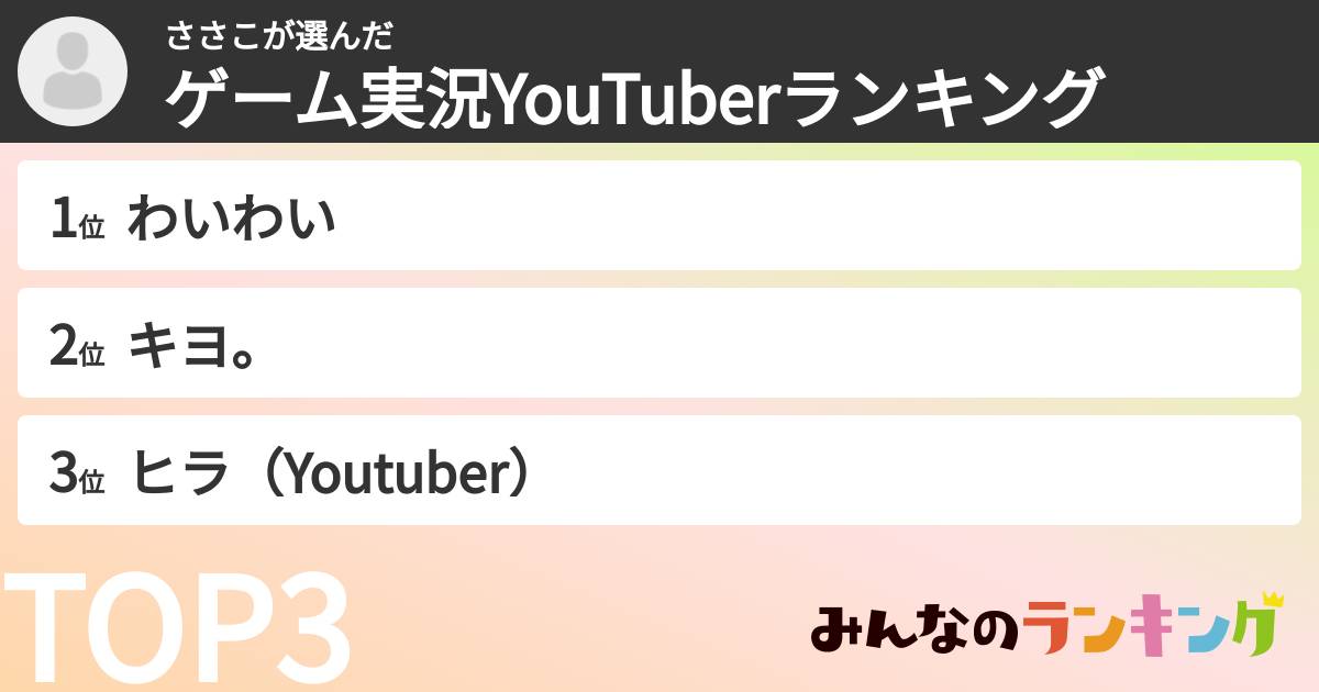 ささこさんの「ゲーム実況YouTuberランキング」