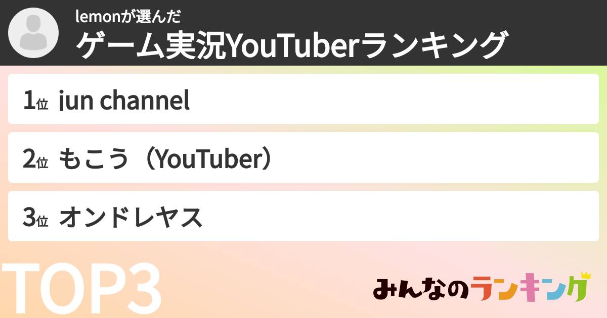 lemonさんの「ゲーム実況YouTuberランキング」