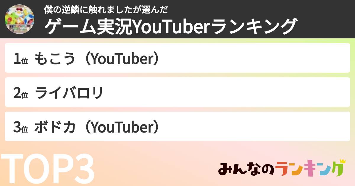 僕の逆鱗に触れましたさんの「ゲーム実況YouTuberランキング」