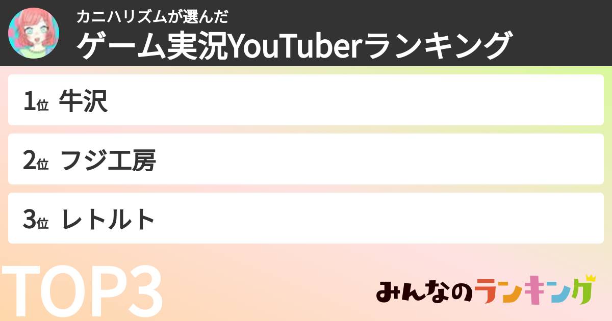 カニハリズムさんの「ゲーム実況YouTuberランキング」