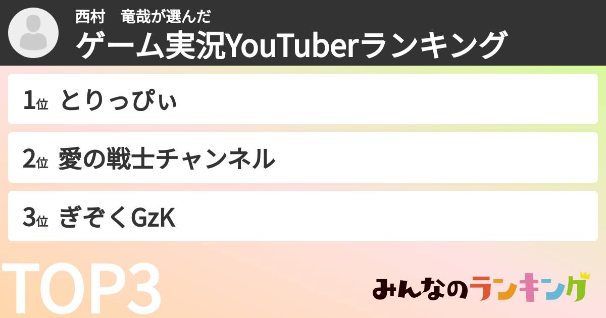 西村　竜哉さんの「ゲーム実況YouTuberランキング」