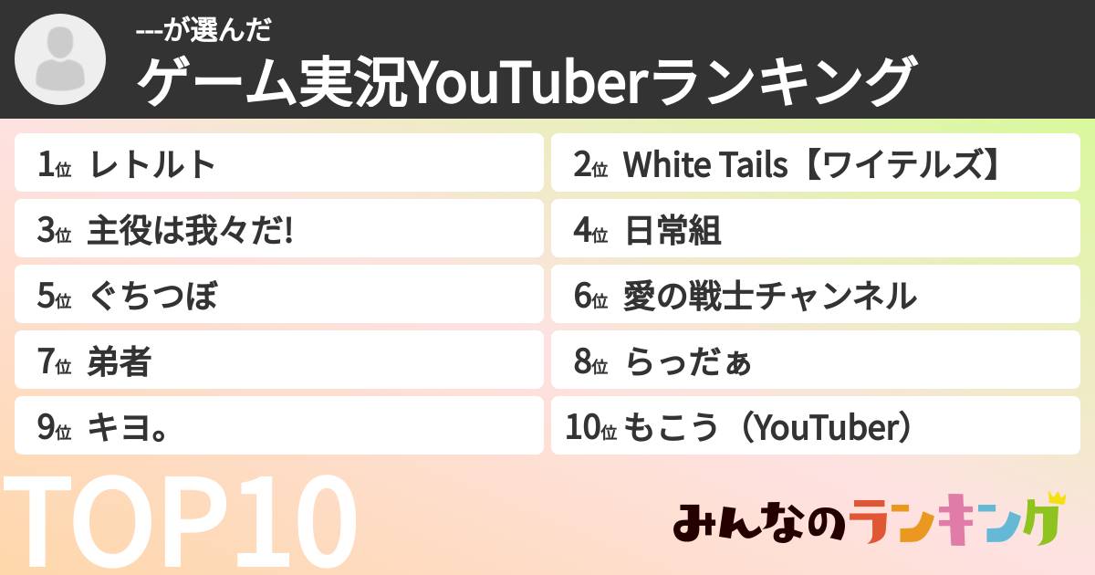 ---さんの「ゲーム実況YouTuberランキング」