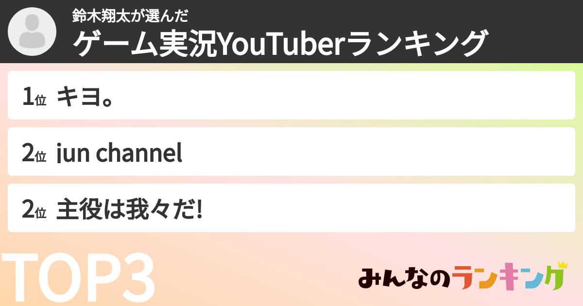 鈴木翔太さんの「ゲーム実況YouTuberランキング」