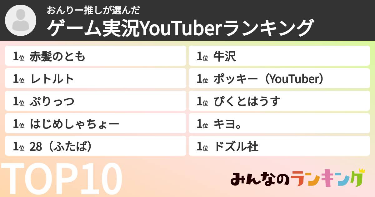 おんりー推しさんの「ゲーム実況YouTuberランキング」