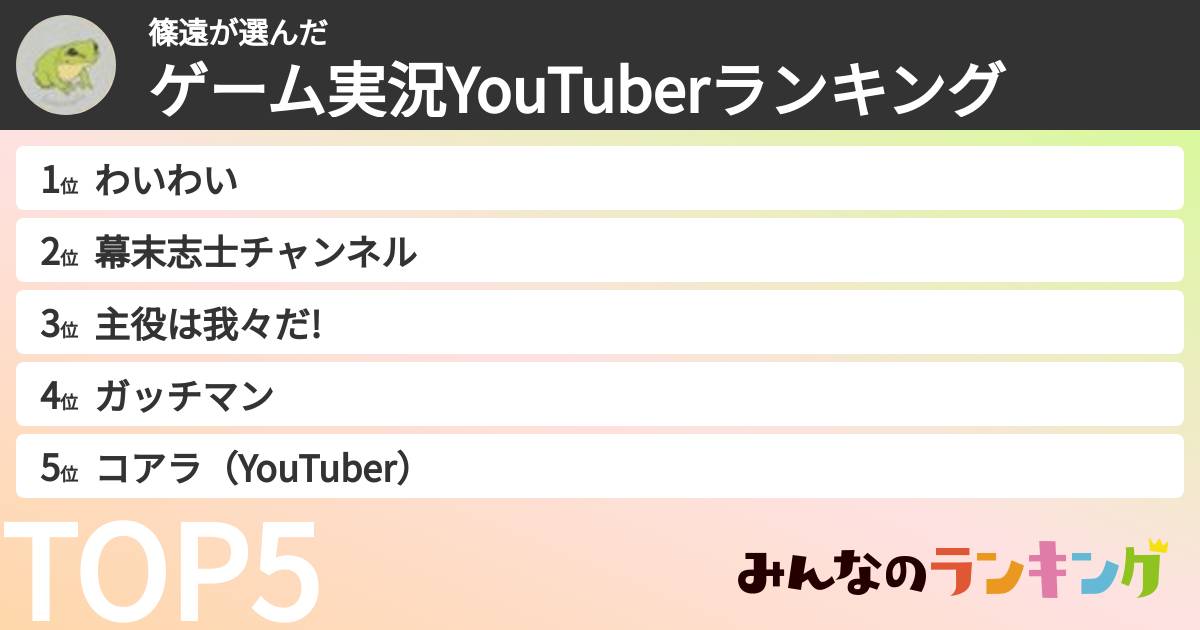 篠遠さんの「ゲーム実況YouTuberランキング」