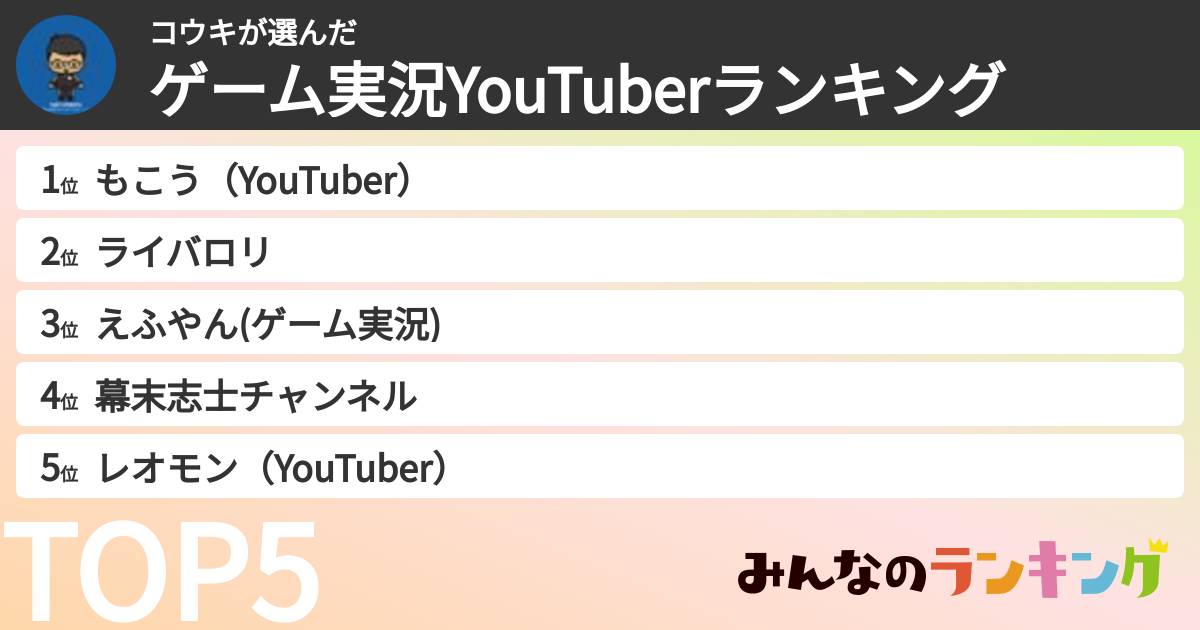 コウキさんの「ゲーム実況YouTuberランキング」