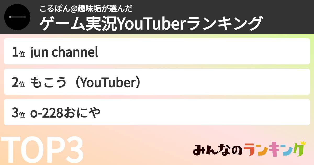 こるぽん@趣味垢さんの「ゲーム実況YouTuberランキング」