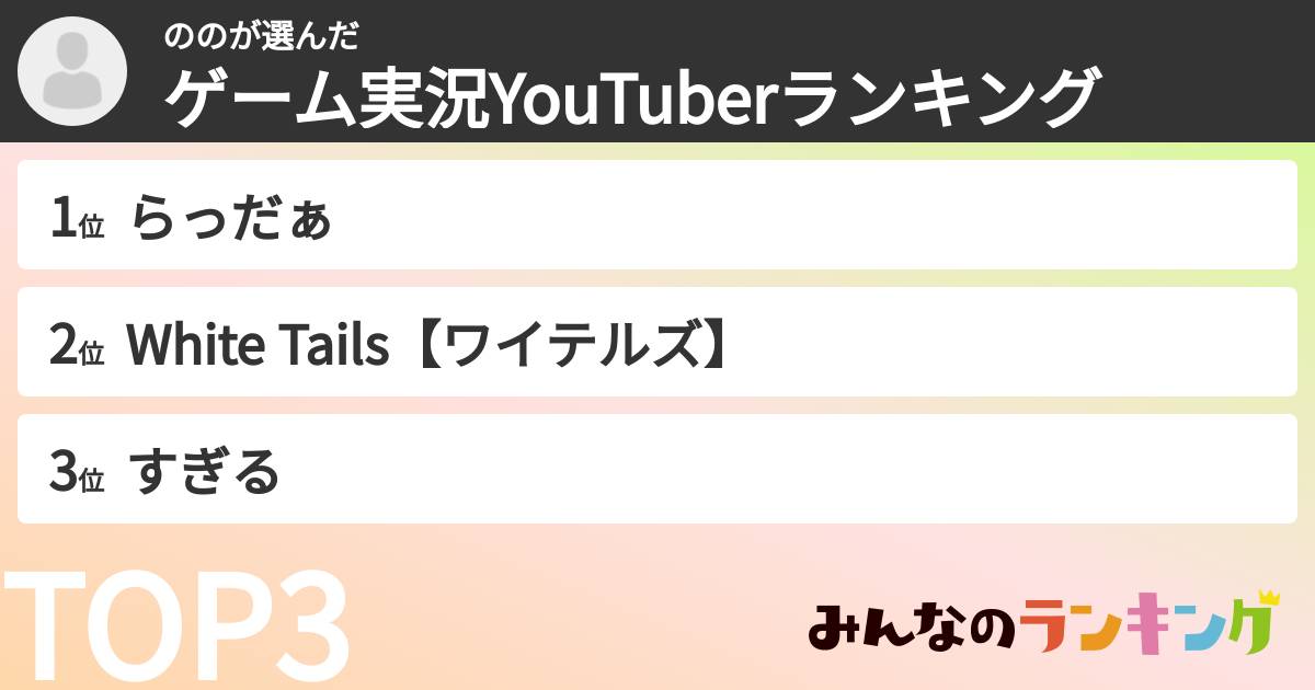 ののさんの「ゲーム実況YouTuberランキング」