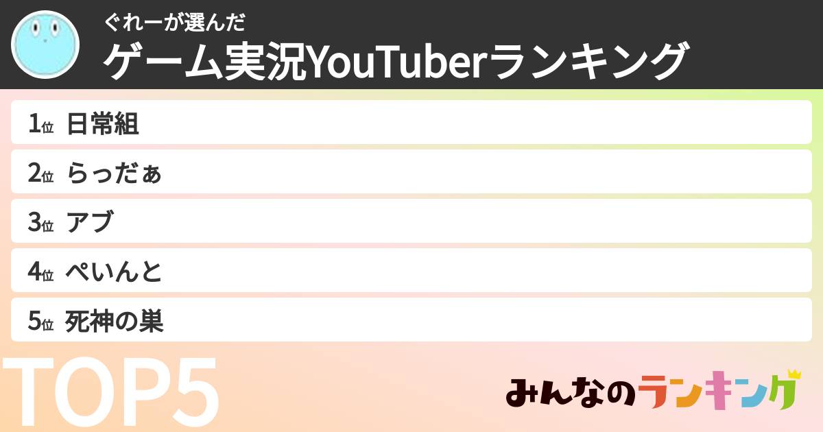ぐれーさんの「ゲーム実況YouTuberランキング」
