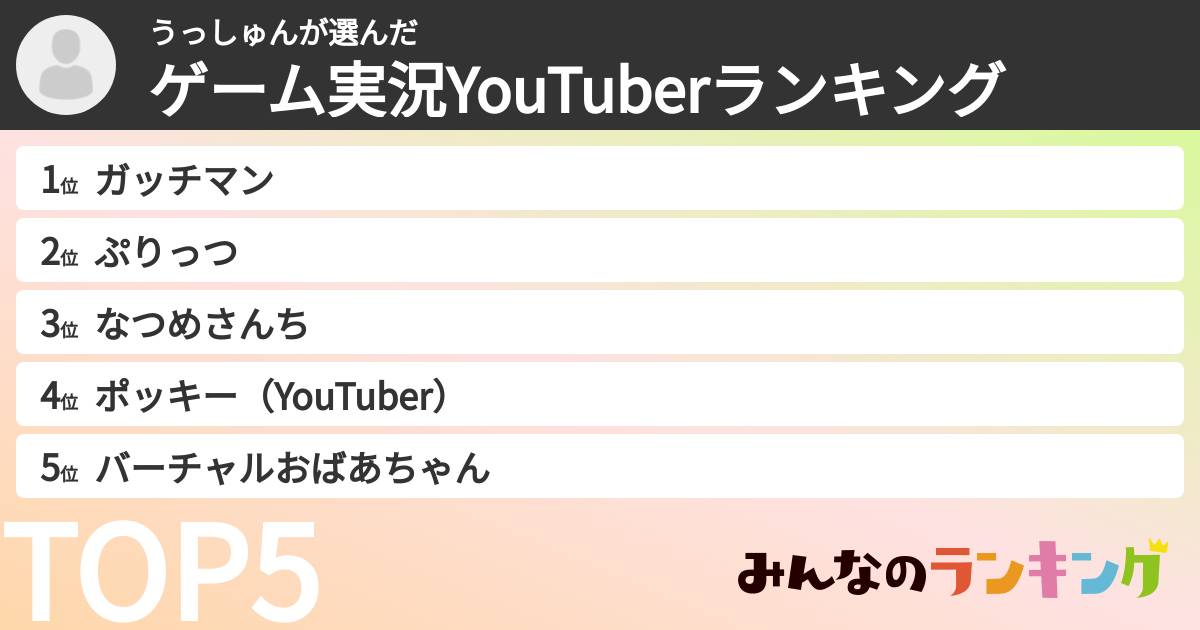 うっしゅんさんの「ゲーム実況YouTuberランキング」
