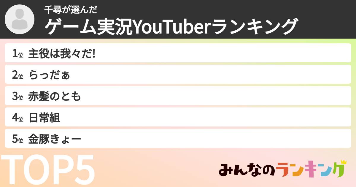 千尋さんの「ゲーム実況YouTuberランキング」